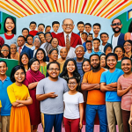 **Image Prompt:** A vibrant community mural, overflowing with color and depicting scenes of diverse individuals sharing stories and ideas. The style should be uplifting and celebratory, showcasing the power of collaboration in bringing a community together. Include elements that subtly suggest the Malaysian context.