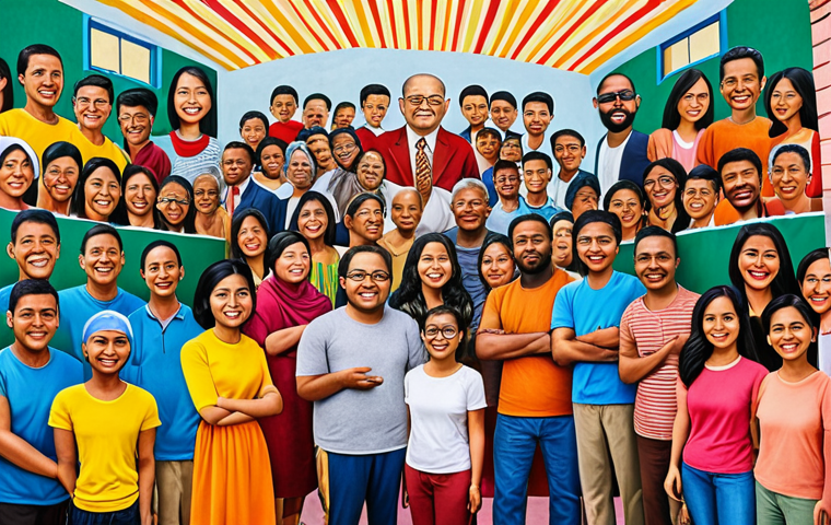 **Image Prompt:** A vibrant community mural, overflowing with color and depicting scenes of diverse individuals sharing stories and ideas. The style should be uplifting and celebratory, showcasing the power of collaboration in bringing a community together. Include elements that subtly suggest the Malaysian context.